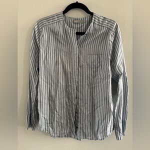 Vince 100% Silk Casual Striped Band-Collar Shirt - Light Blue/White Sz. Small